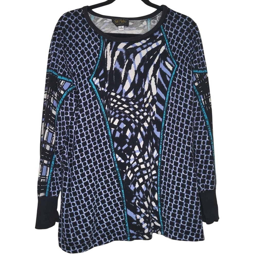 Bob Mackie Wearable Art Blue Black Geometric Pullover Sweater 1X Women